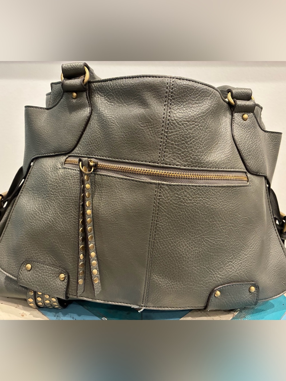 Black Rivet Gray Pebbled Shoulder Bag with Gold Stud Accents